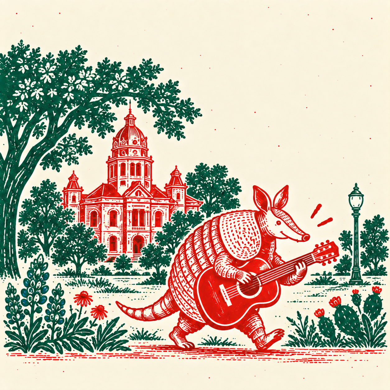 A guitar-playing armadillo by the Denton courthouse